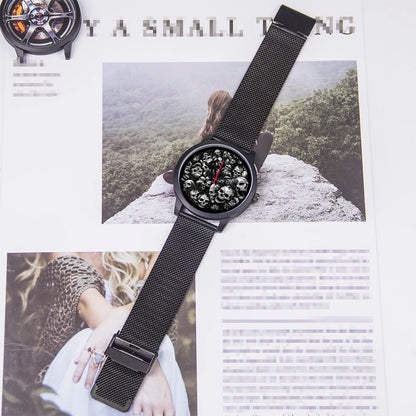 Skeleton Skull Dial Gentleman Quartz Watch Men Personalized Wristwatch Black Fashion Souvenir Gift For Male Friend Husband
