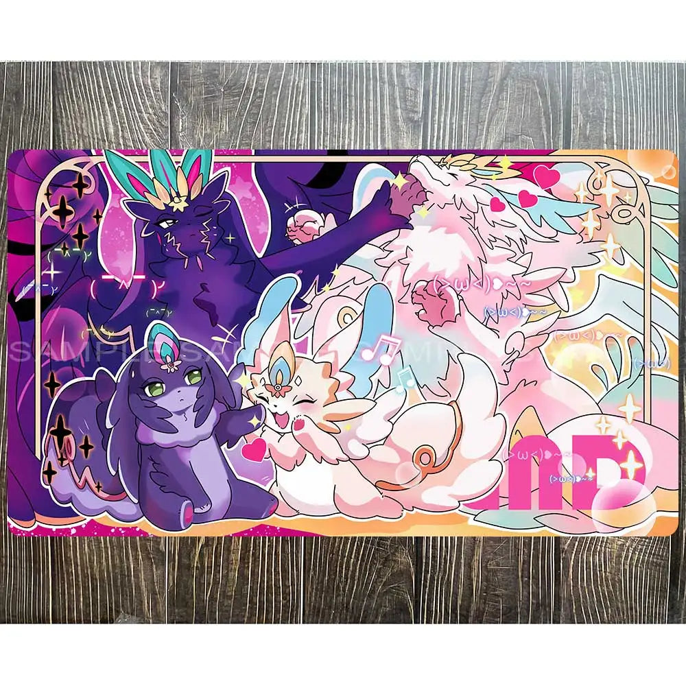 Colorful anime card game mat with purple, pink, and white dragon-like creatures in playful poses.