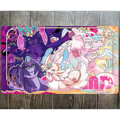 Colorful anime card game mat with purple, pink, and white dragon-like creatures in playful poses.