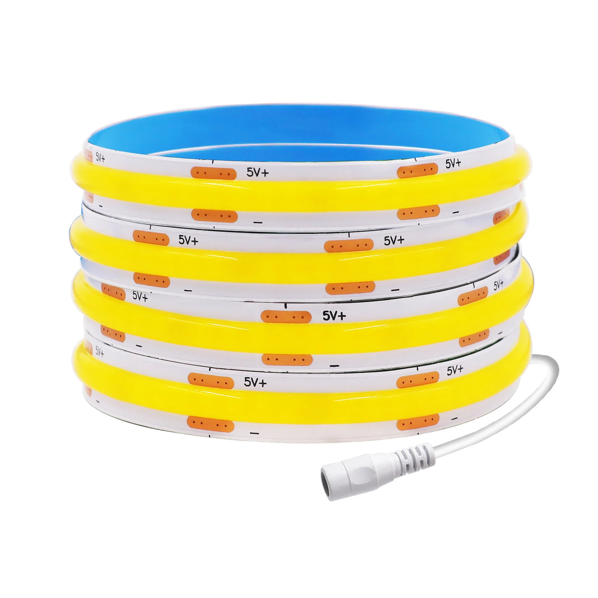 A rolled yellow COB LED strip light with a white power connector on a white background.