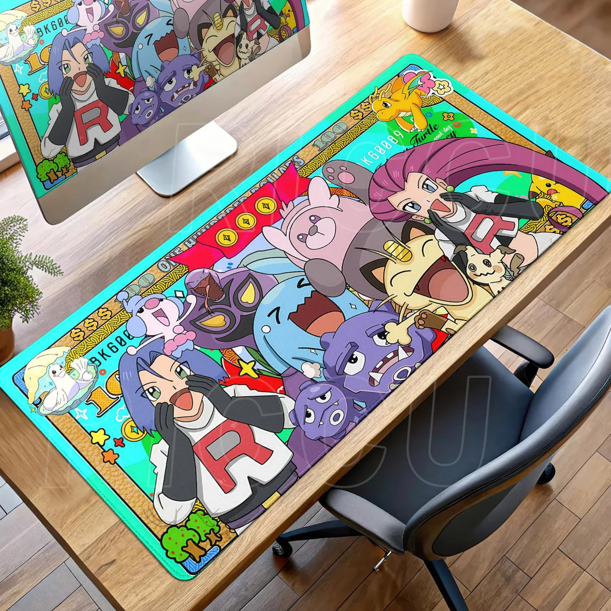 Desk mat features colorful anime characters like James, Jessie, and Meowth over a dollar bill design.