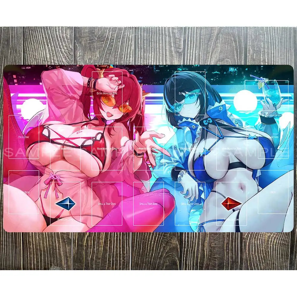 Colorful Yu-Gi-Oh playmat features two anime women with card zones, red and blue themes, on a dark wooden surface.