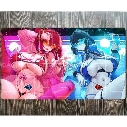 Colorful Yu-Gi-Oh playmat features two anime women with card zones, red and blue themes, on a dark wooden surface.
