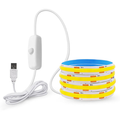 Coiled white LED strip light with a USB plug, in-line touch sensor, and yellow phosphor tape.