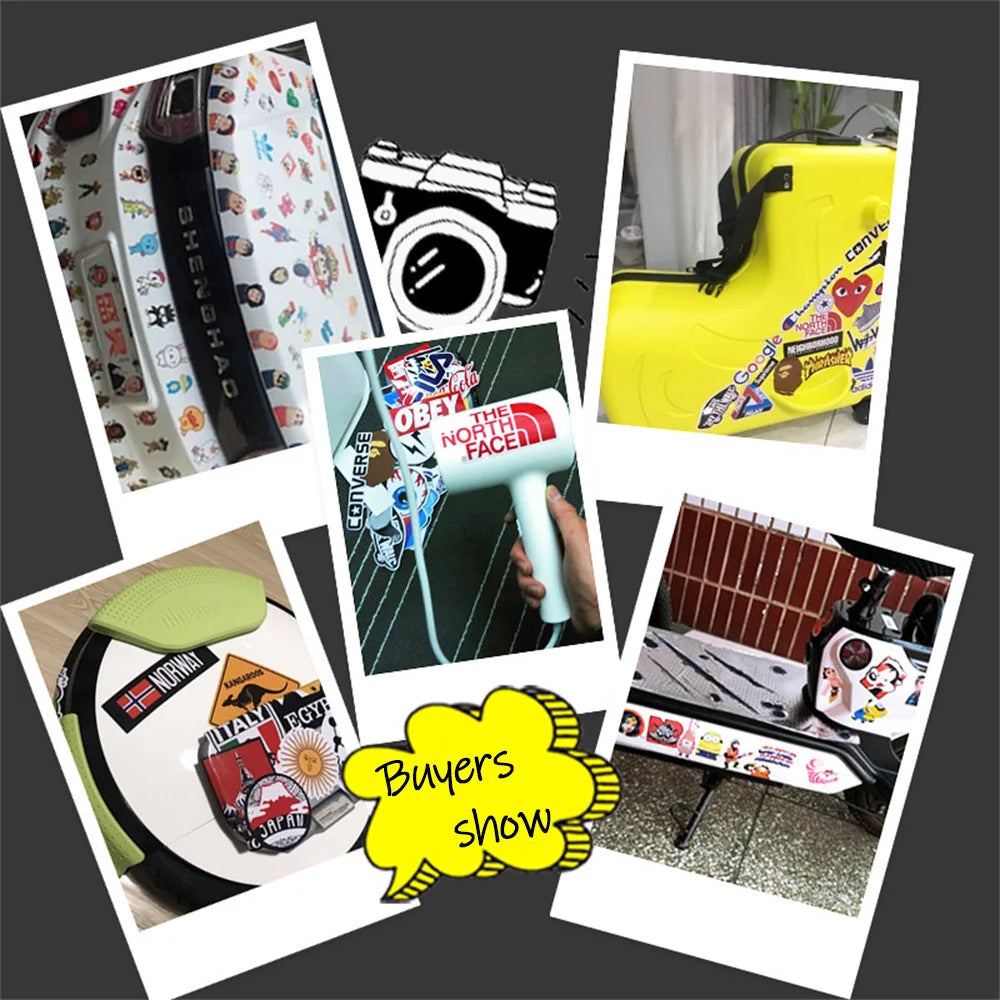 Collage of sticker applications on luggage, a helmet, and a scooter with brand logos.