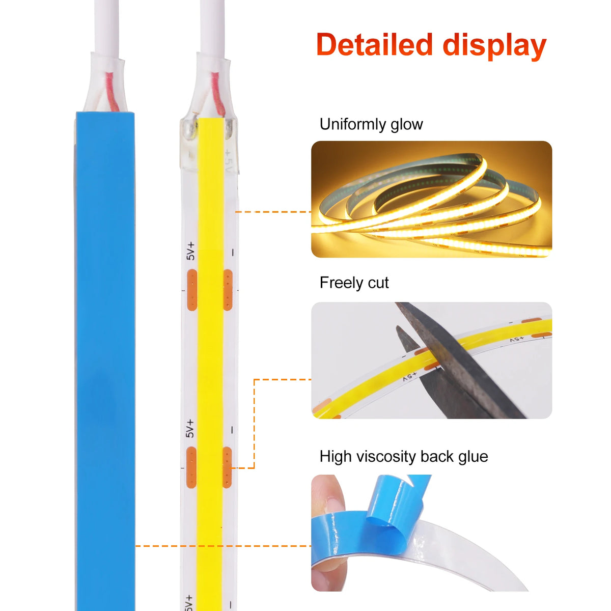 Flexible COB LED strip with blue adhesive backing, glowing yellow light, and cut lines.