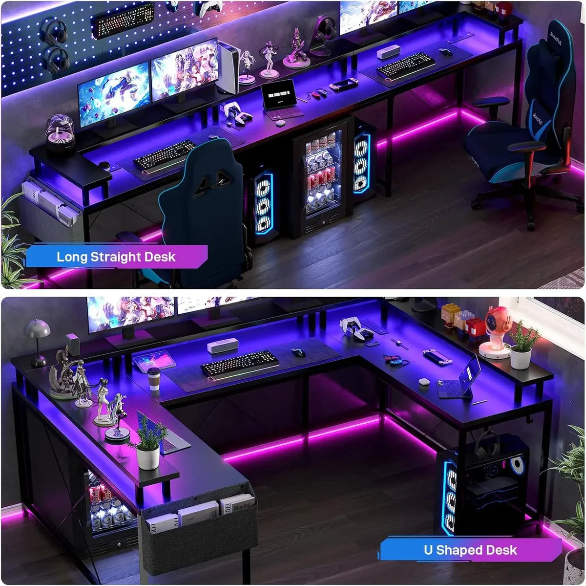 Two images of a black gaming desk configured as a long straight desk and a U-shaped desk, with blue and pink LED lighting.