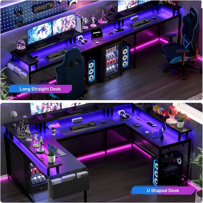 Two images of a black gaming desk configured as a long straight desk and a U-shaped desk, with blue and pink LED lighting.