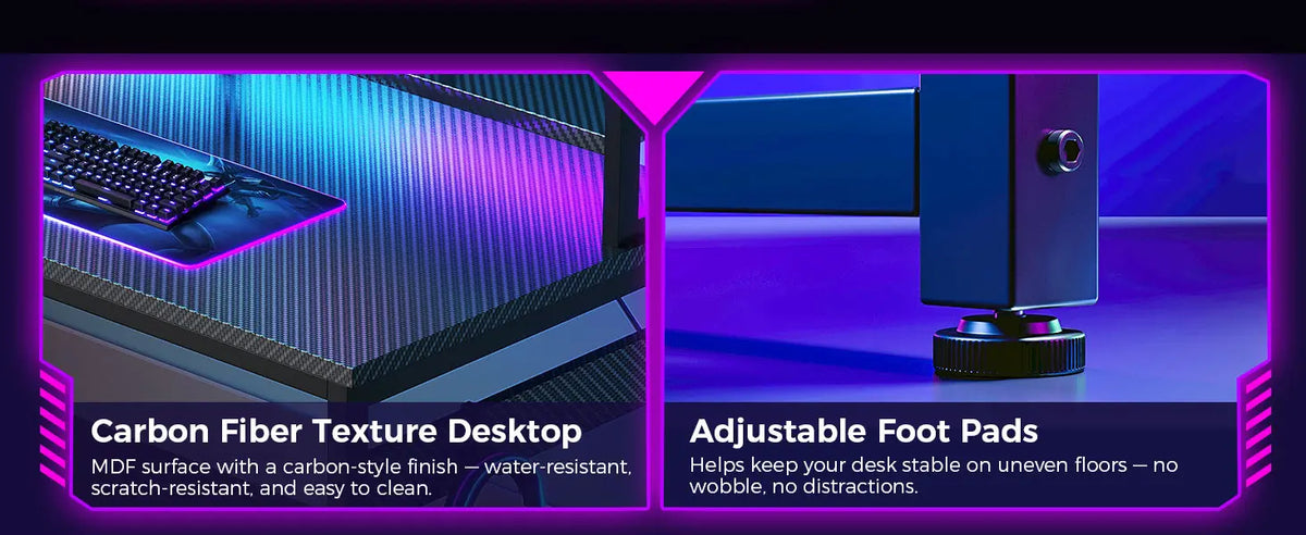 Close-ups show a black carbon fiber-textured desktop and a sturdy metal leg with an adjustable foot pad.
