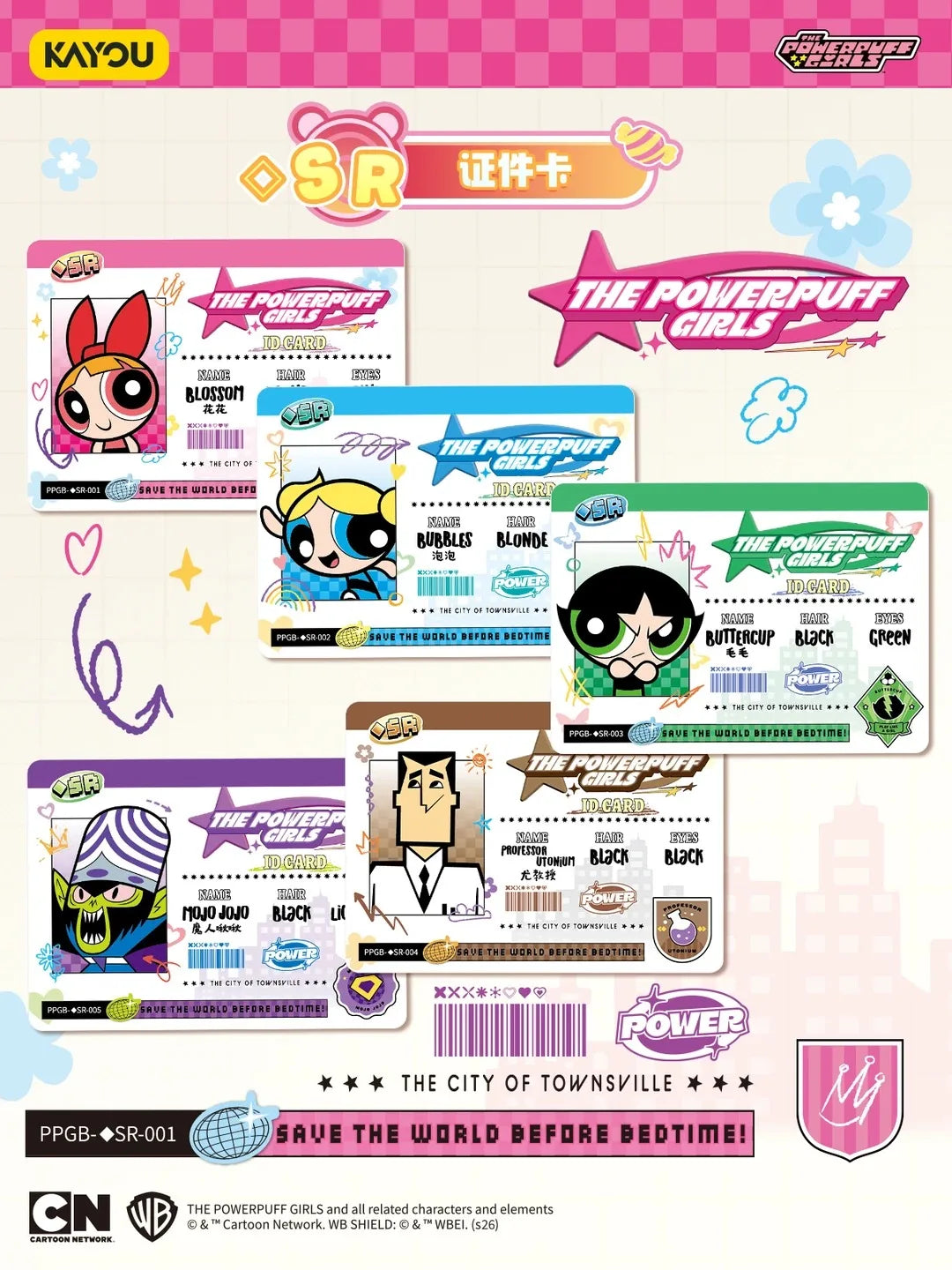 Five Powerpuff Girls ID cards display Blossom, Bubbles, Buttercup, Mojo Jojo, and Professor Utonium in pink, blue, green, and purple.