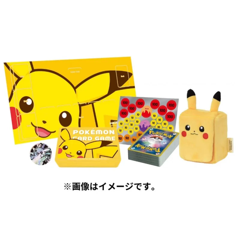 Pokemon TCG Pikachu gift set with yellow playmat, card storage box, deck, counters sheet, coin, and plush box.