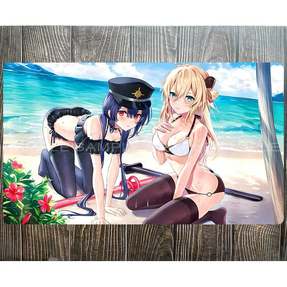 Anime playmat featuring two women in swimsuits and thigh-highs on a beach with blue ocean and red flowers.