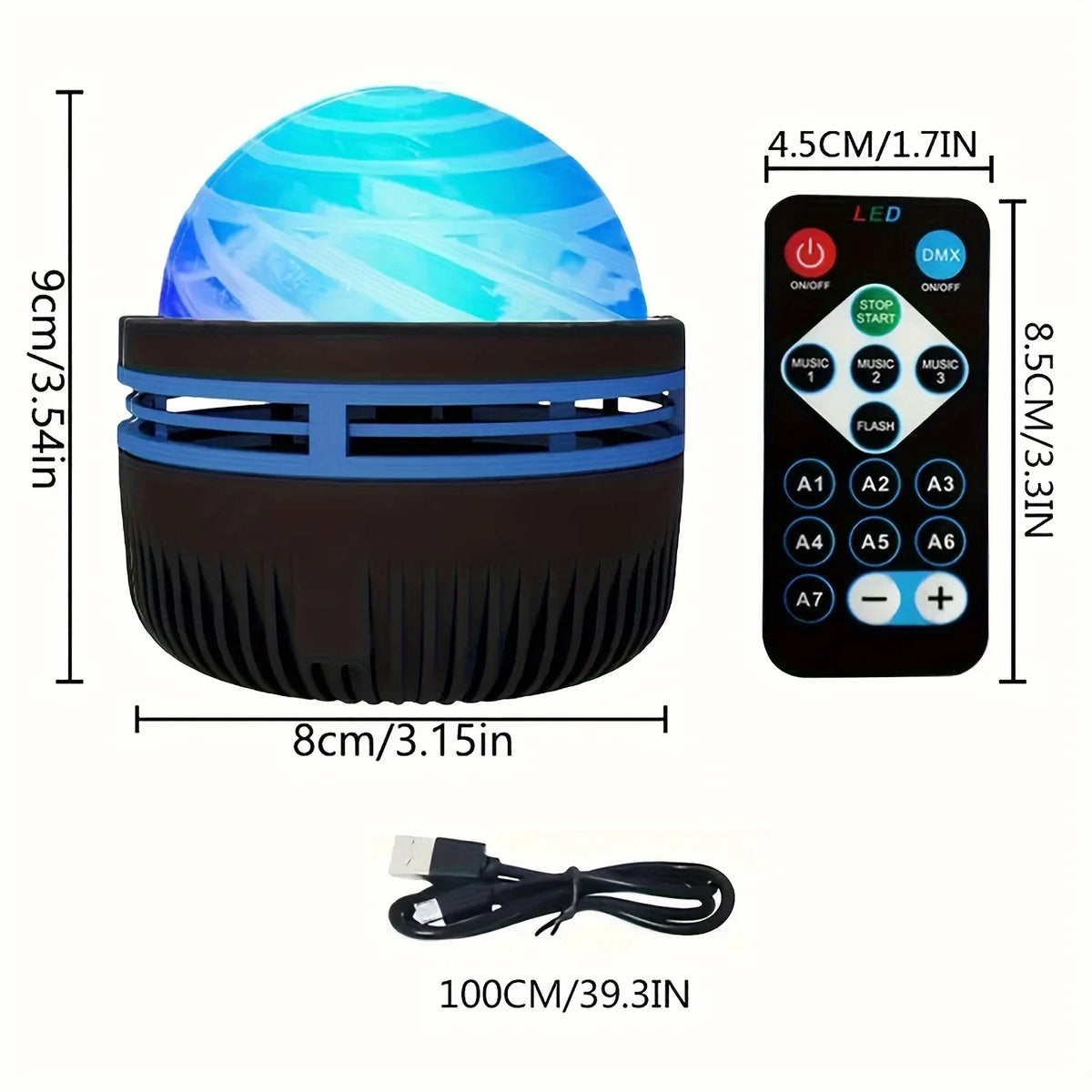 Black and blue galaxy lamp with glowing blue dome, remote control, USB cable, and dimension labels.