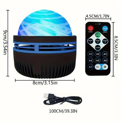 Black and blue galaxy lamp with glowing blue dome, remote control, USB cable, and dimension labels.