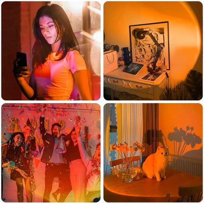 Four-panel image showing a woman holding a phone, a desk with a warm sunset projection, people partying, and a cat on a table.
