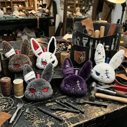 Gothic Bunny Plush Keychain Rabbit Bag Charm with Bandage Design Kawaii Key Ring Pendant Car Bag Ornament Gift