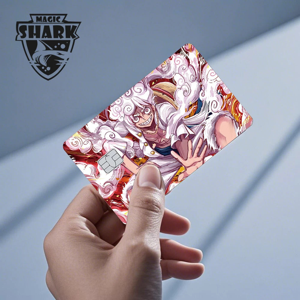 Anime debit card skin sticker featuring an anime character in white with red and white swirling clouds.
