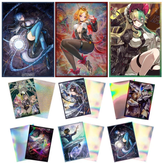 Nine trading card sleeves featuring anime-style female characters in blue, red, and green designs with holographic finishes.