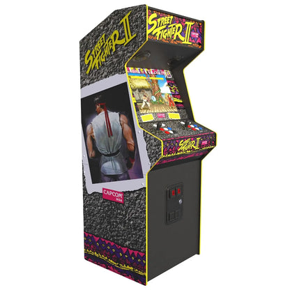 Street Fighter II home arcade machine with Ryu side art, controls, and lit marquee.