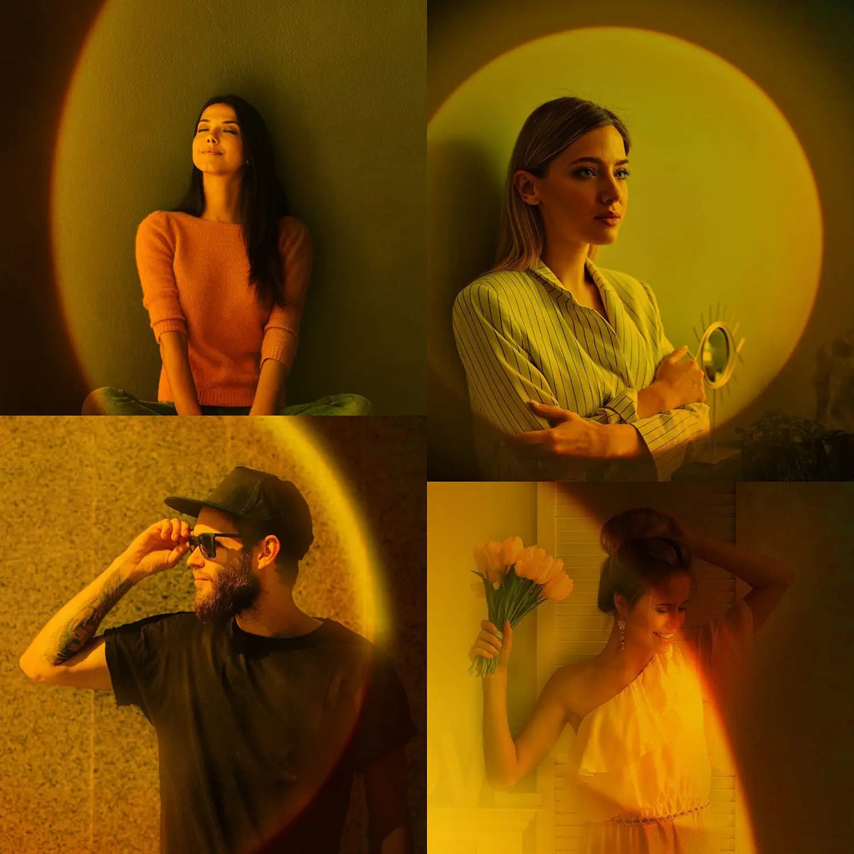Four-part grid showing people in warm, golden sunset projection lighting.