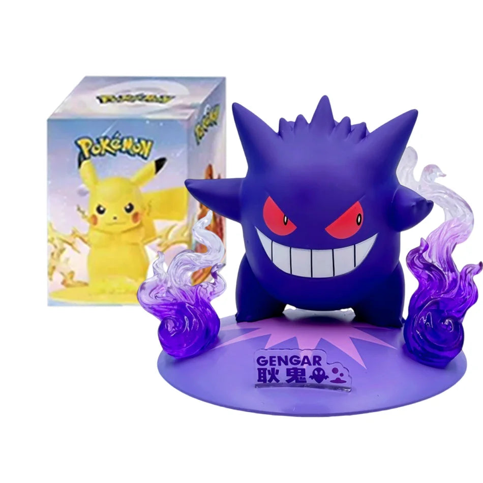 A purple Gengar figurine with red eyes and a wide grin, flanked by purple flames on a round purple base, with a box behind it.