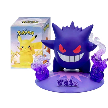 A purple Gengar figurine with red eyes and a wide white grin, flanked by purple flames on a round base.