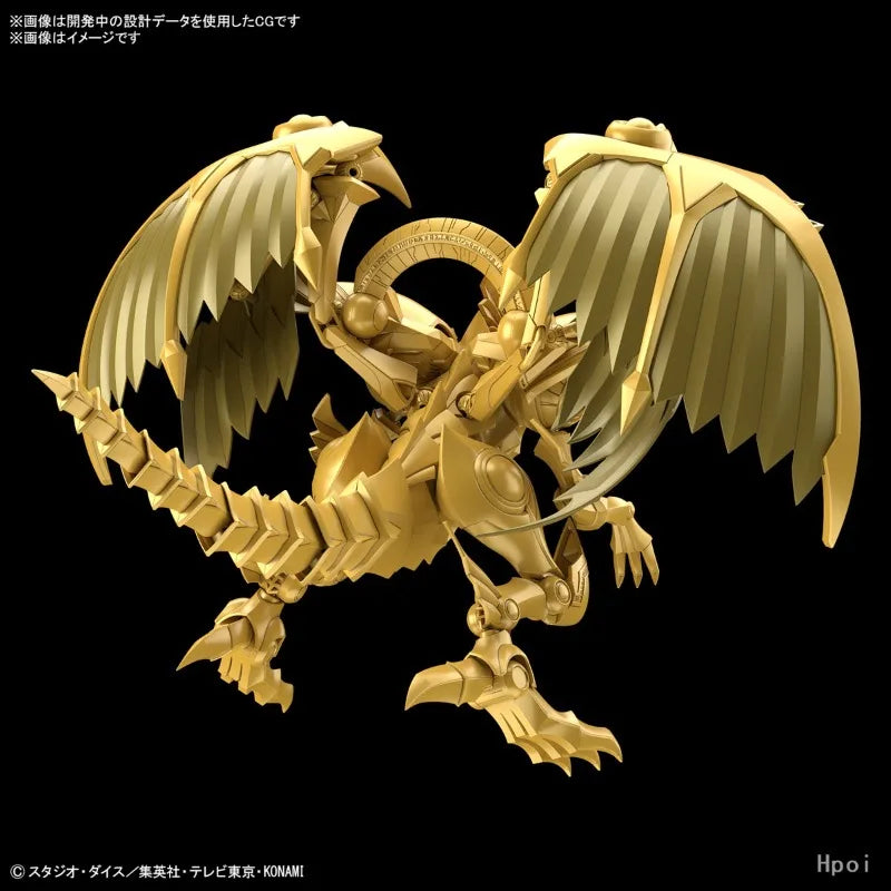 Gold model dragon figure with large feathered wings, segmented tail, and horned head seen from the back on black.