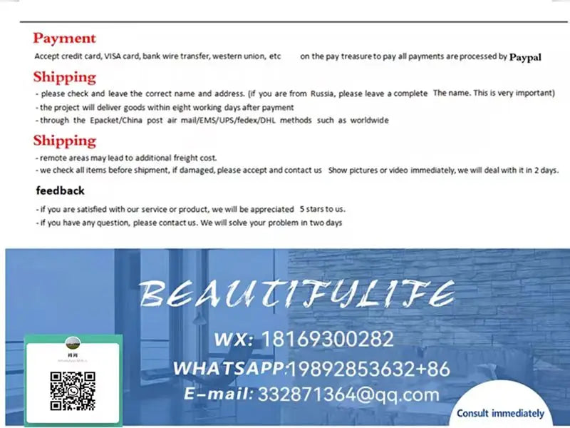 Text image showing payment, shipping, and feedback policies above contact info with a QR code and "BEAUTIFULIFE".