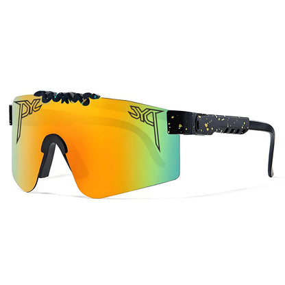 Sport sunglasses with orange-to-green reflective shield lens, black speckled frames, and a snake detail on top.