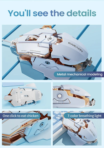 White and rose gold EWEADN G5 wired gaming mouse with layered mechanical design and multiple angled views.