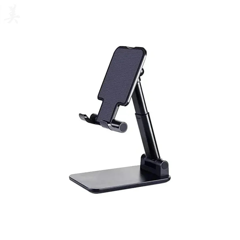 Black adjustable desk stand for phones and tablets, featuring a flat base, extendable arm, and textured back support.