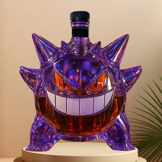A purple glass bottle shaped like Gengar with red eyes, a white grin, and a black cap.