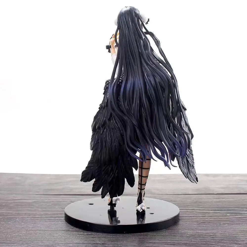 Albedo figure from behind, featuring long black hair, large dark wings, and strapped stockings on a round stand.