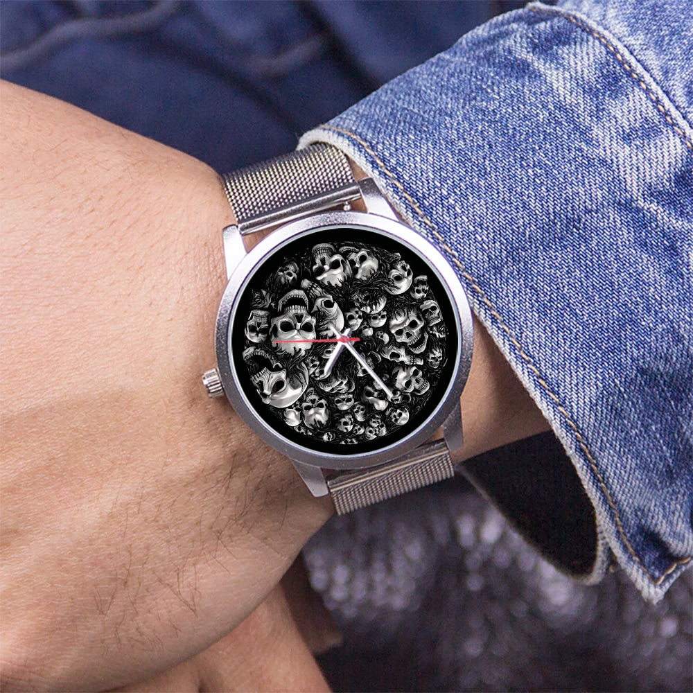 Skeleton Skull Dial Gentleman Quartz Watch Men Personalized Wristwatch Black Fashion Souvenir Gift For Male Friend Husband