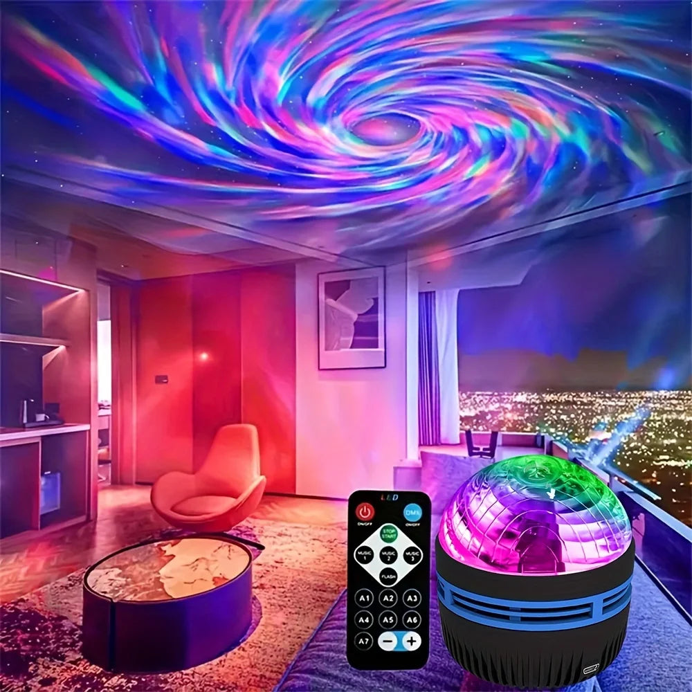 A spherical galaxy projector casts swirling pink, blue, and purple lights on the ceiling above a remote control.
