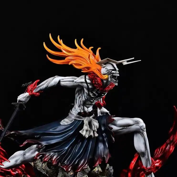 Bleach Ichigo in Bull Head form with white skin, long orange hair, horned skull mask, dark blue skirt, and a sword.