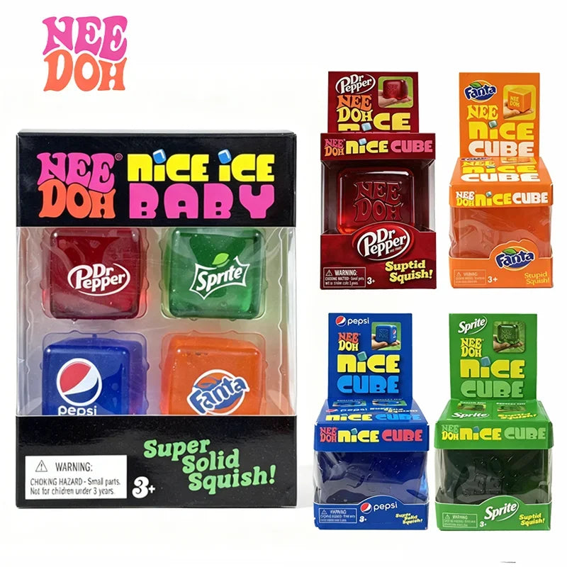 Schylling Needoh Nice Ice Baby 4 Pack Teenie Cube Fidget Relief Sensory Toy Cola Sprite Cube Squish Toy Maltose Non-toxic Gift