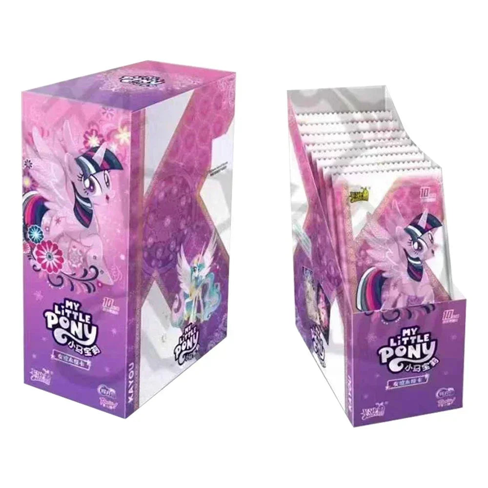 Pink and purple My Little Pony card display box and matching foil booster packs featuring Twilight Sparkle.