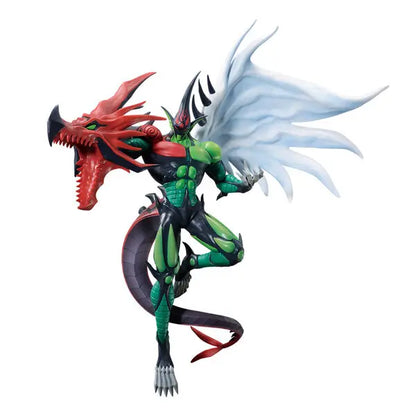 Figure of a green and black humanoid monster with a red dragon head on one arm and large white wings.