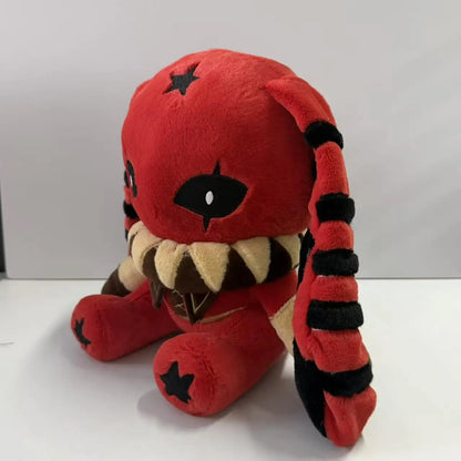 Red Pierrot rabbit plush with black star markings, striped long ears, and a ruffled collar.