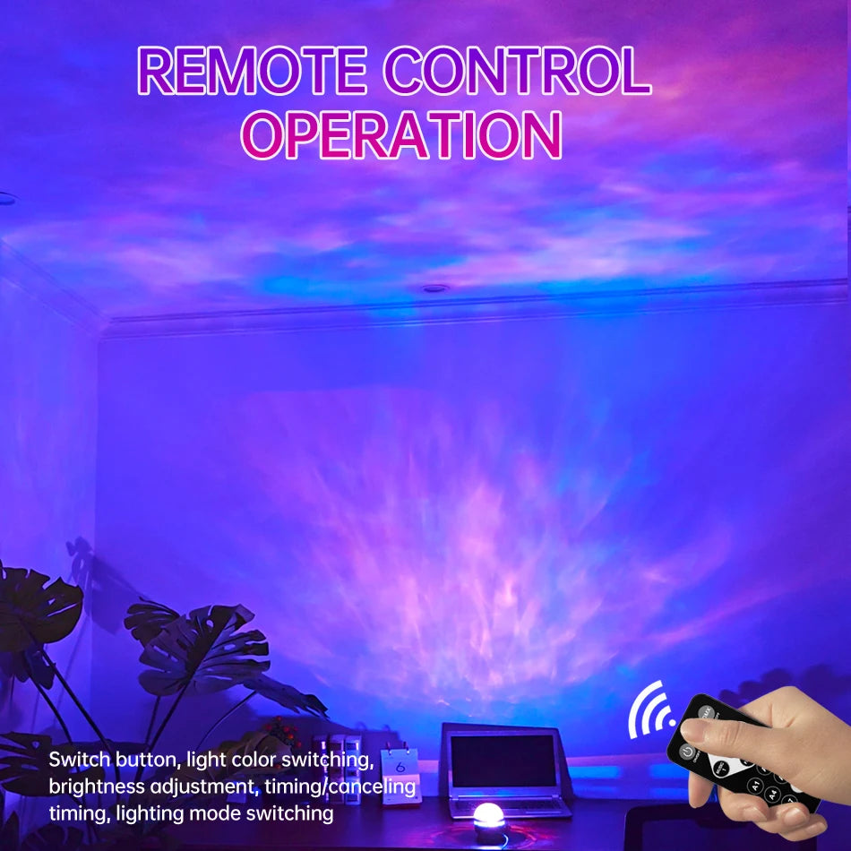 A hand holds a remote control, operating a glowing galaxy lamp casting blue and purple lights across a room.