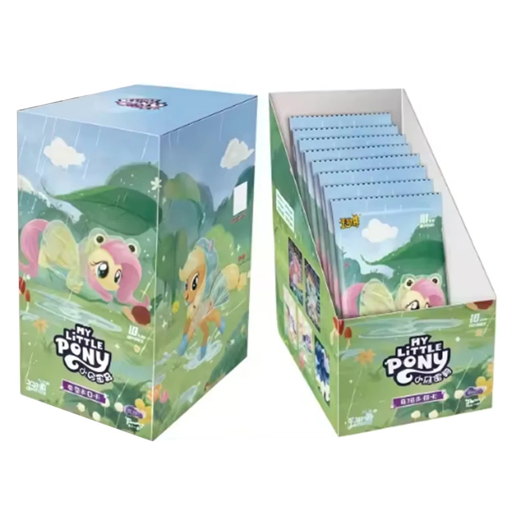 My Little Pony booster pack box in blue and green with cartoon ponies in raincoats.
