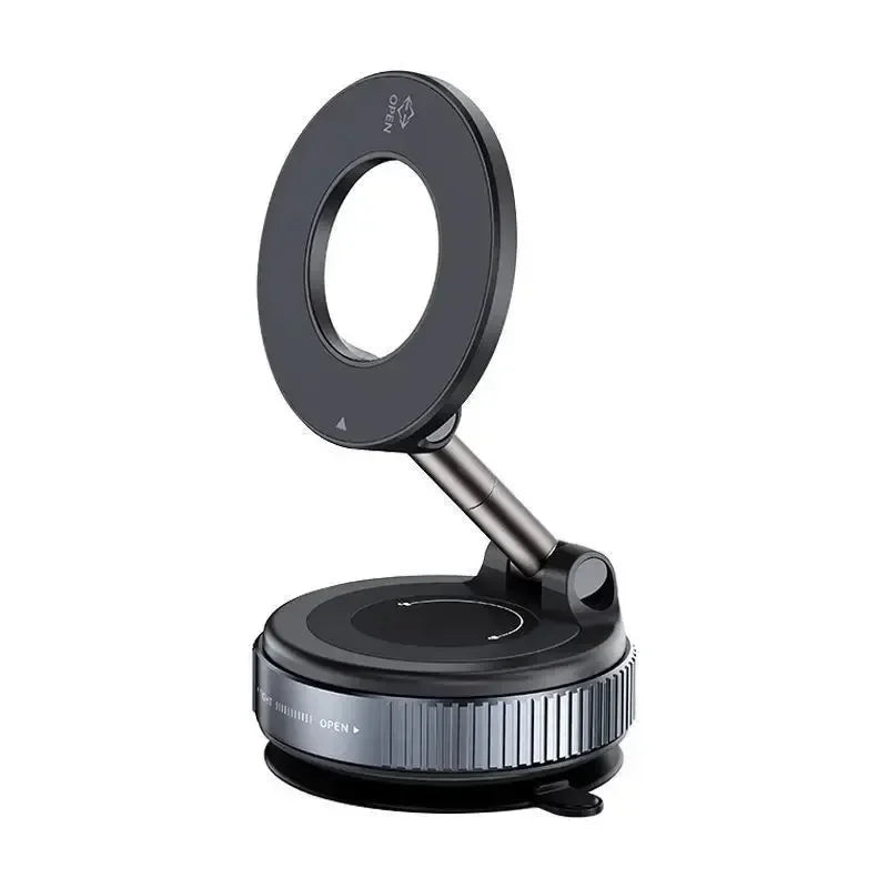 Black foldable car magnetic holder with a circular mount, silver arm, and suction base.