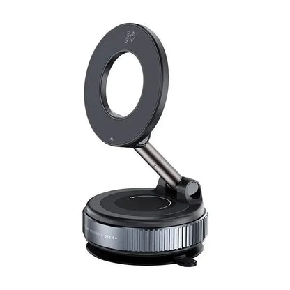 Black foldable car magnetic holder with a circular mount, silver arm, and suction base.