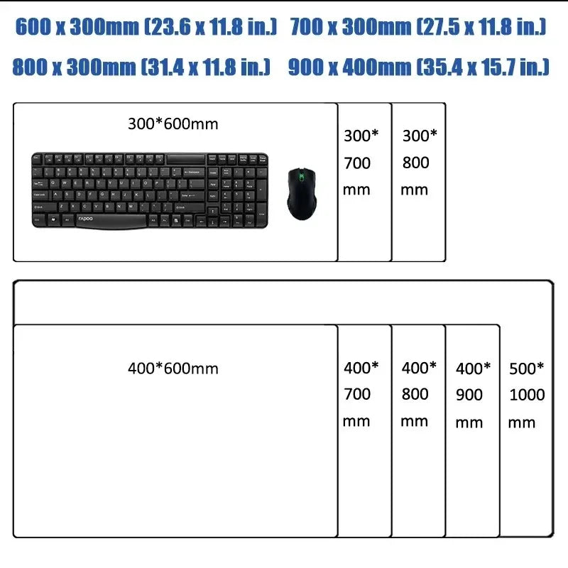 Size comparison diagram of desk mats with keyboards and mice, showing dimensions in mm and inches.