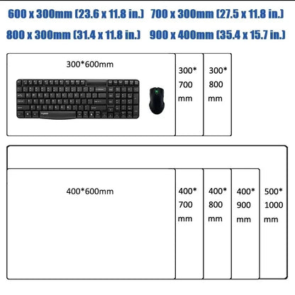Size comparison diagram of desk mats with keyboards and mice, showing dimensions in mm and inches.