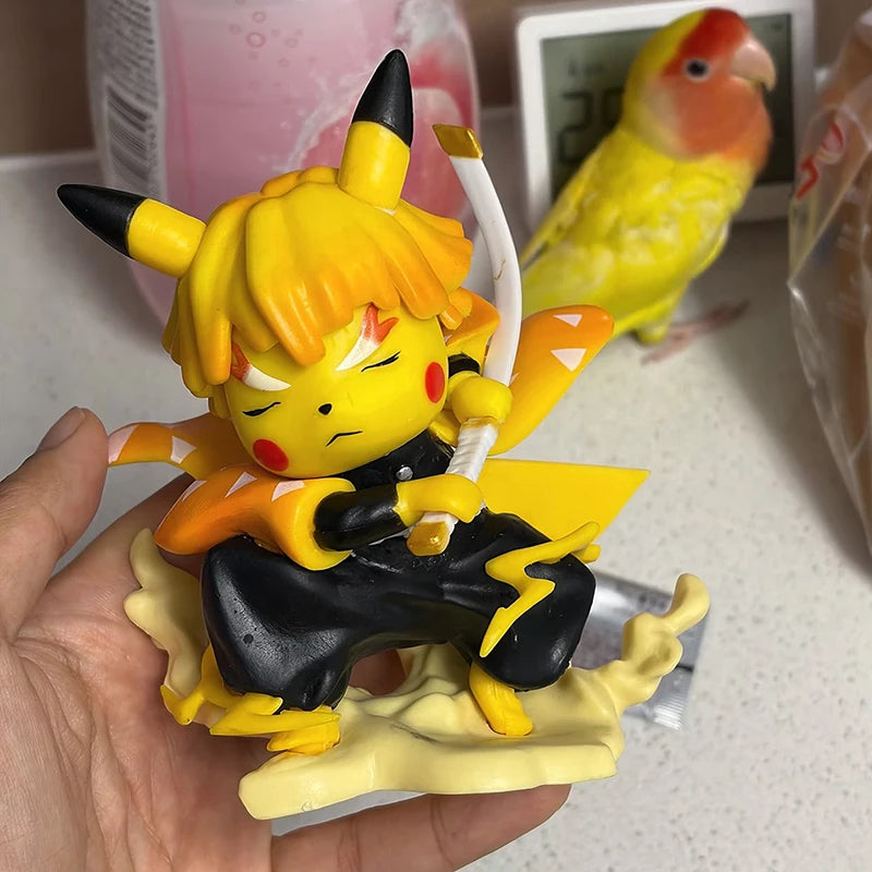 A Pikachu-Zenitsu hybrid figurine with yellow hair, black outfit, white sword, and yellow lightning accents.