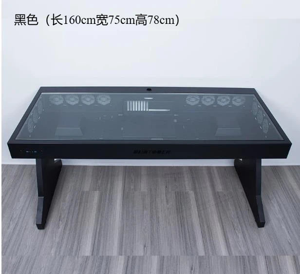 Black computer chassis integrated desk with a glass top, multiple cooling fans inside, measuring 160x75x78cm.