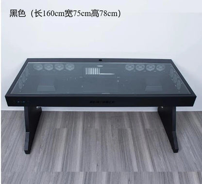 Black computer chassis integrated desk with a glass top, multiple cooling fans inside, measuring 160x75x78cm.