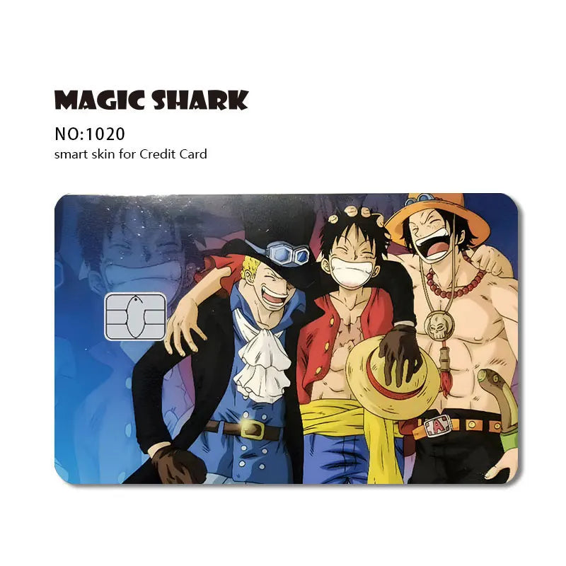 Anime credit card skin featuring three laughing male characters with blue, red, and beige accents.